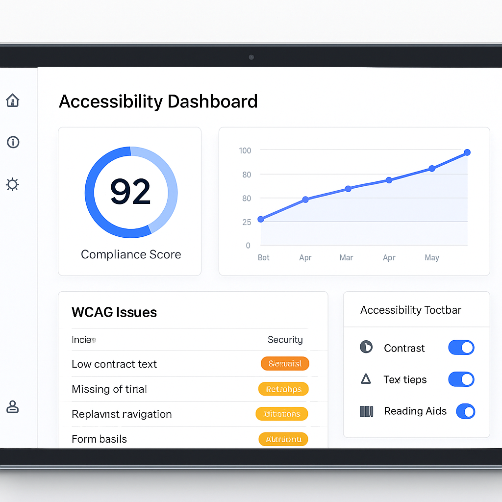 accessibilitywebsite.com dashboard showing a compliance score of 92, a rising score trend chart, and a list of prioritized WCAG issues